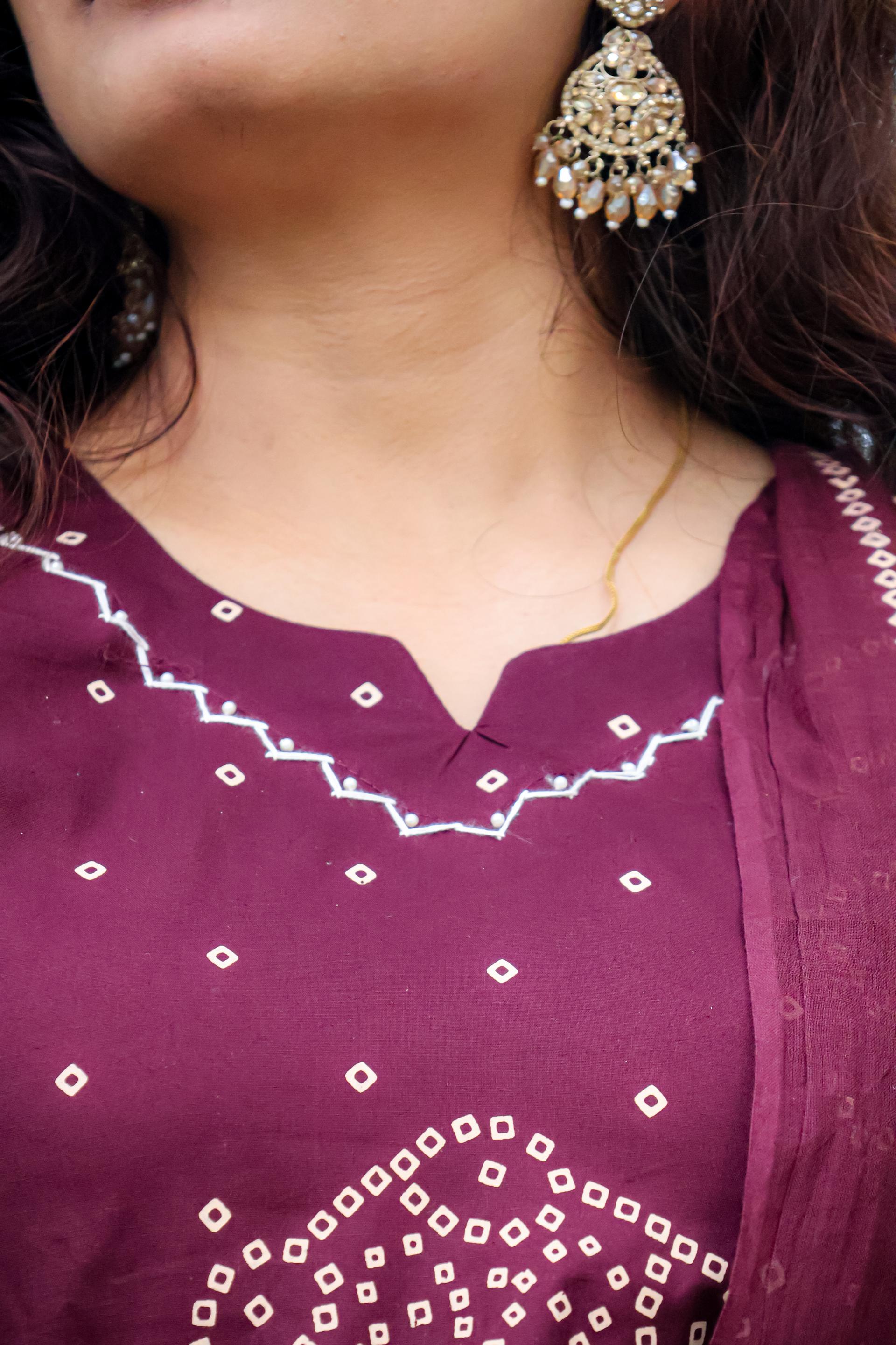 Rich Wine Dabu Cotton Bandhani-Inspired Kurta Set with Dupatta & Palazzo — photo 3 of 6