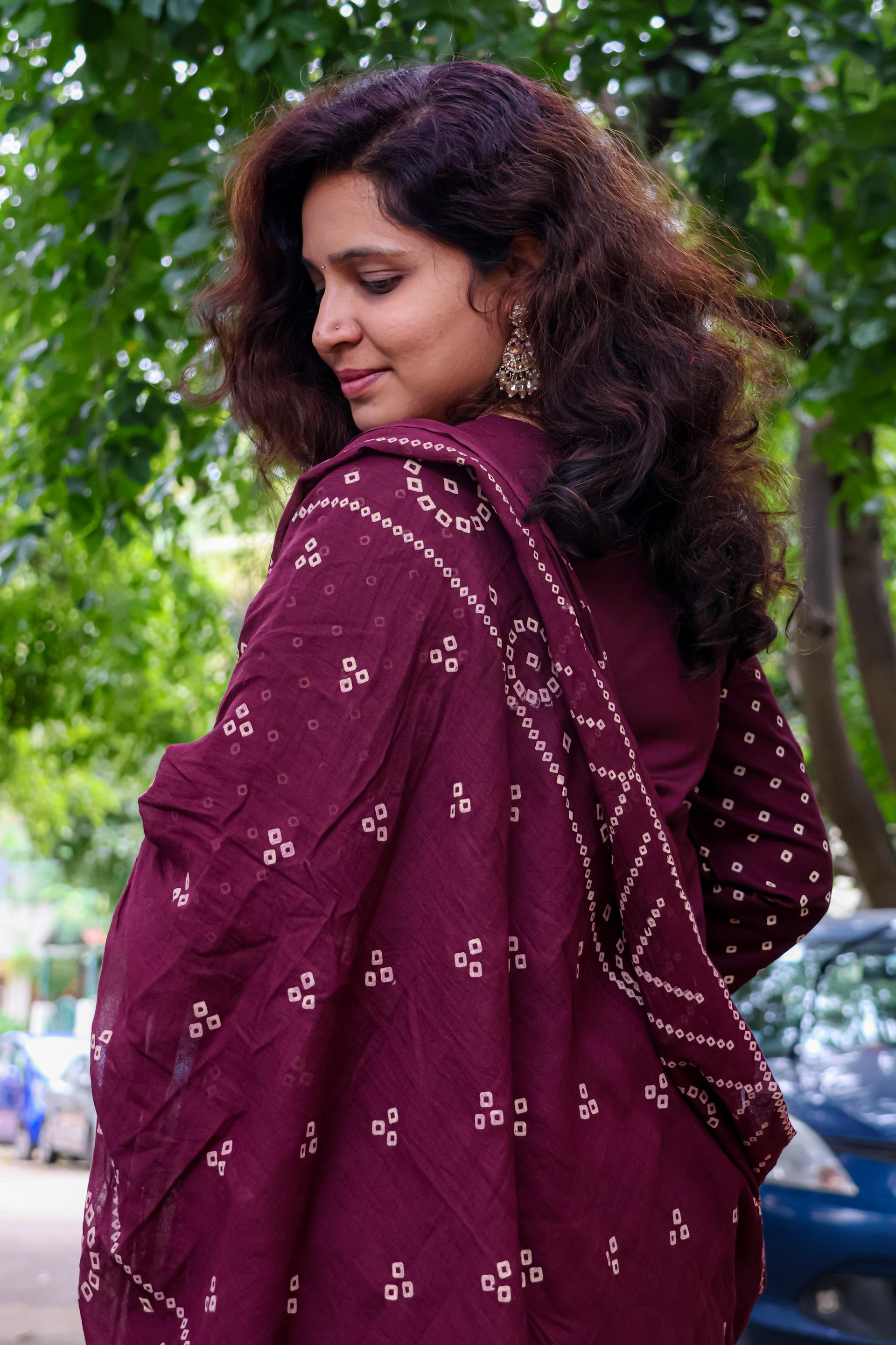 Rich Wine Dabu Cotton Bandhani-Inspired Kurta Set with Dupatta & Palazzo