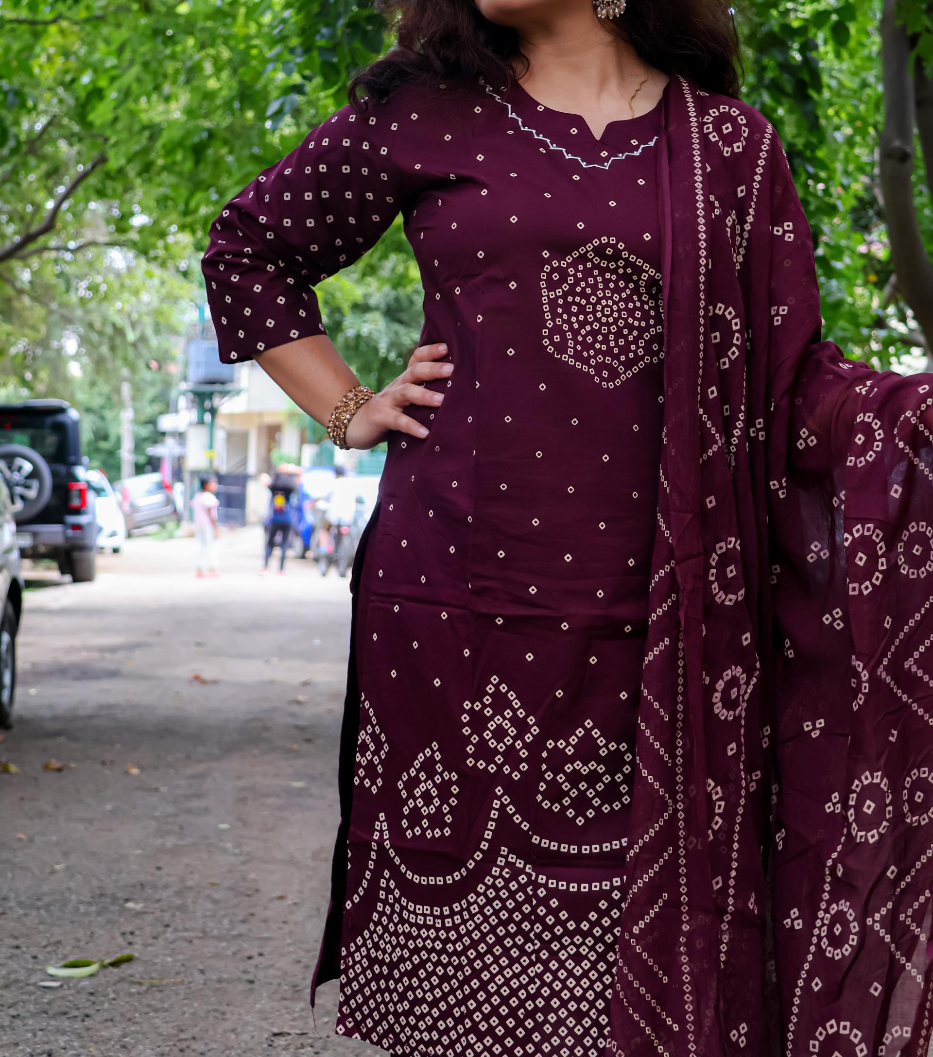 Rich Wine Dabu Cotton Bandhani-Inspired Kurta Set with Dupatta & Palazzo — photo 6 of 6