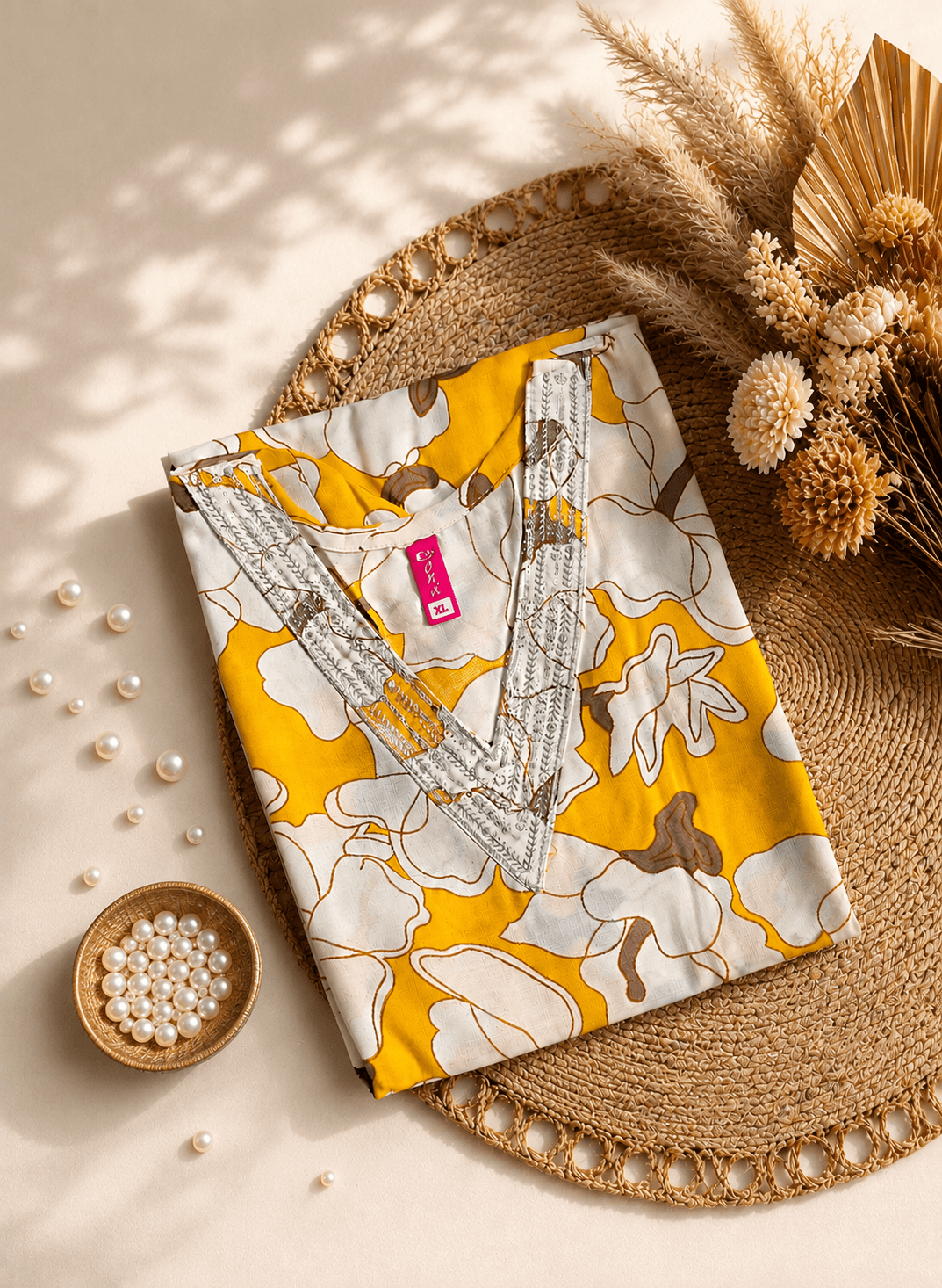 Mustard Yellow Floral Print Kurti with Embellished V-Neck –