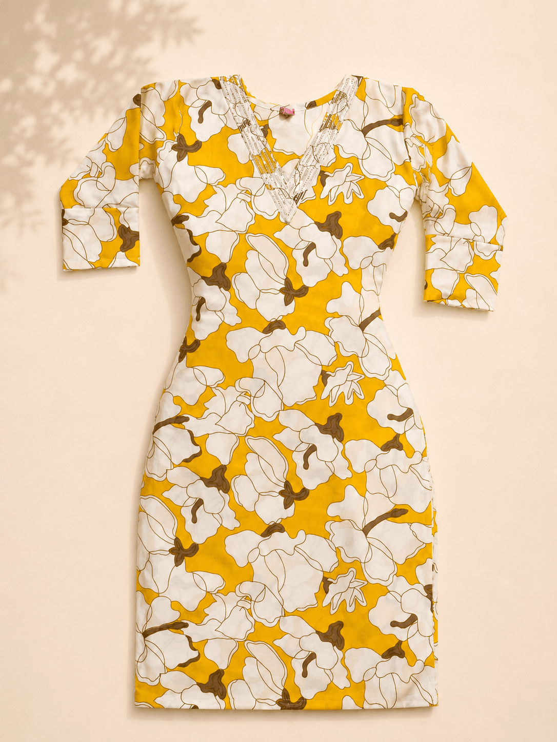 Mustard Yellow Floral Print Kurti with Embellished V-Neck – — photo 3 of 3