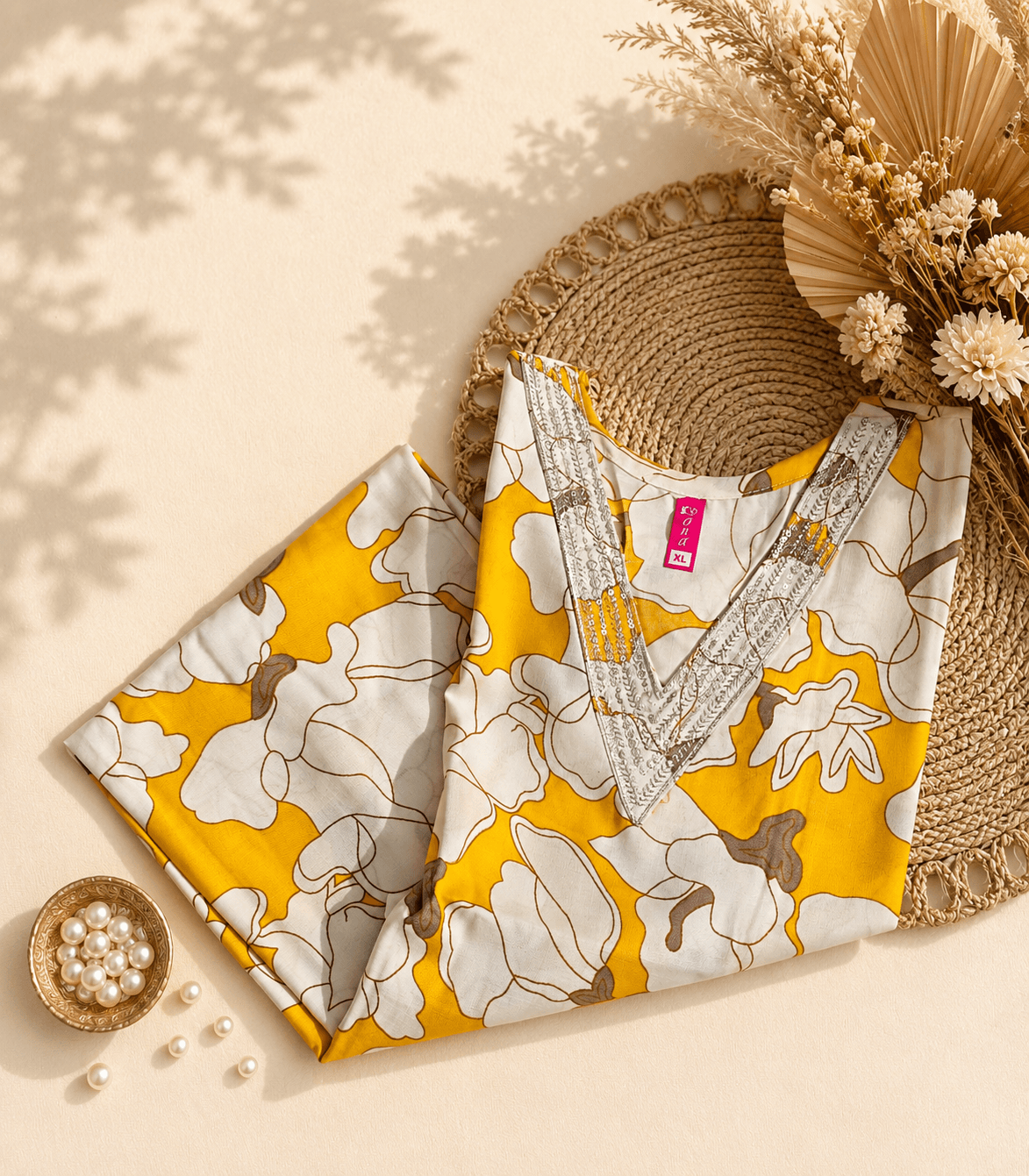 Mustard Yellow Floral Print Kurti with Embellished V-Neck – — photo 2 of 3