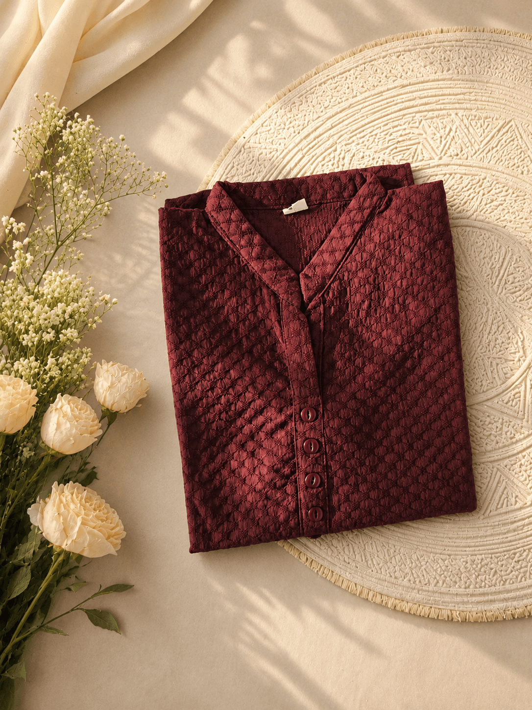 Wine Maroon Textured Chikankari Short Kurti — photo 3 of 4