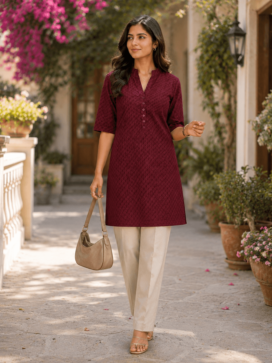 Wine Maroon Textured Chikankari Short Kurti — photo 2 of 4