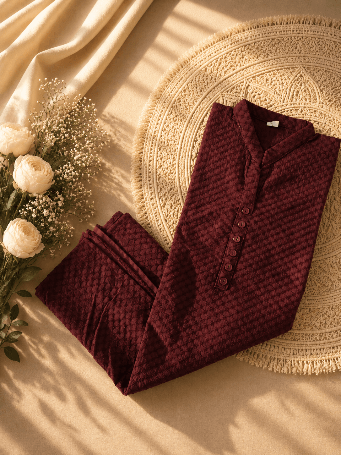 Wine Maroon Textured Chikankari Short Kurti