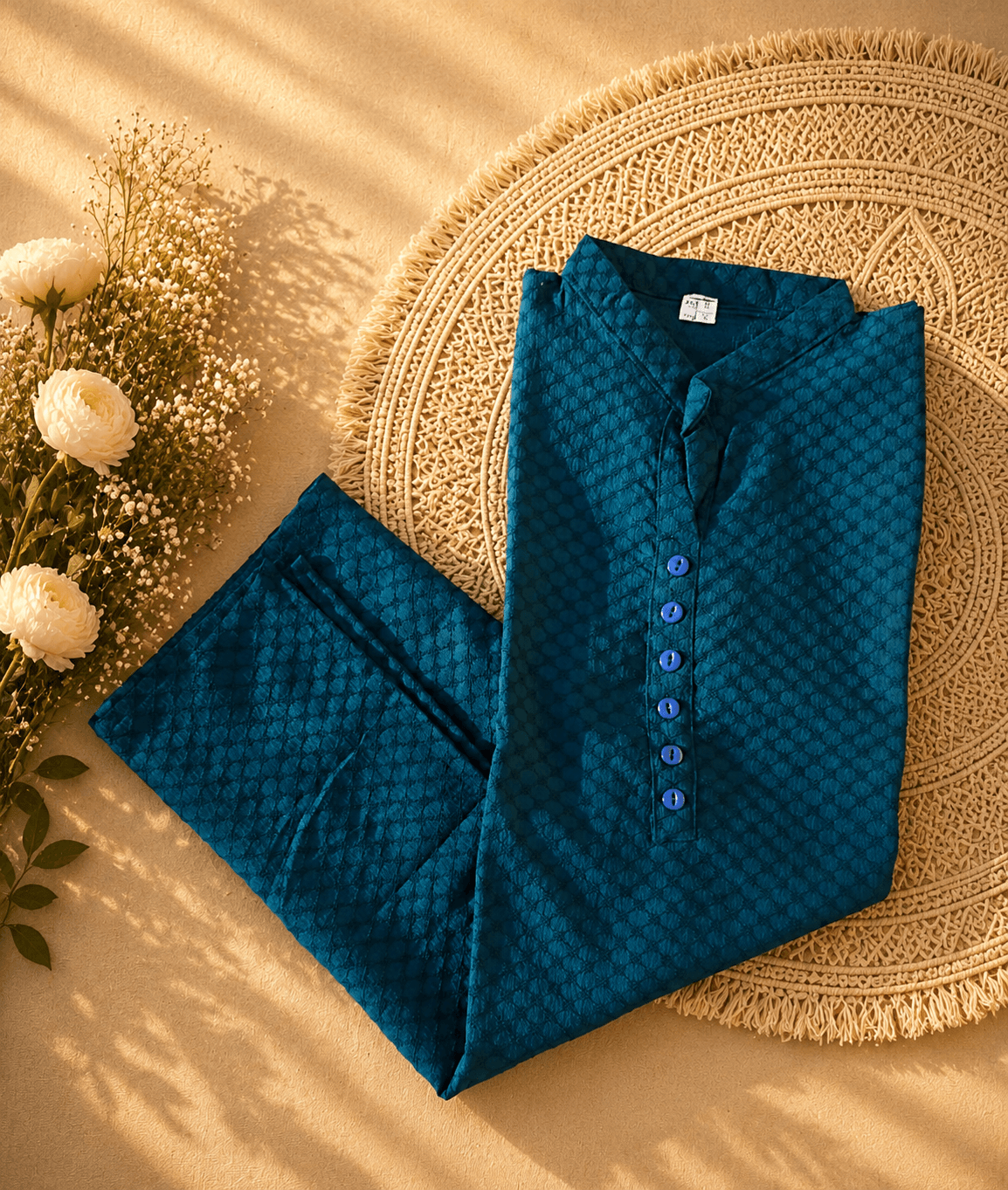 Teal Blue Textured Chikankari Short Kurti