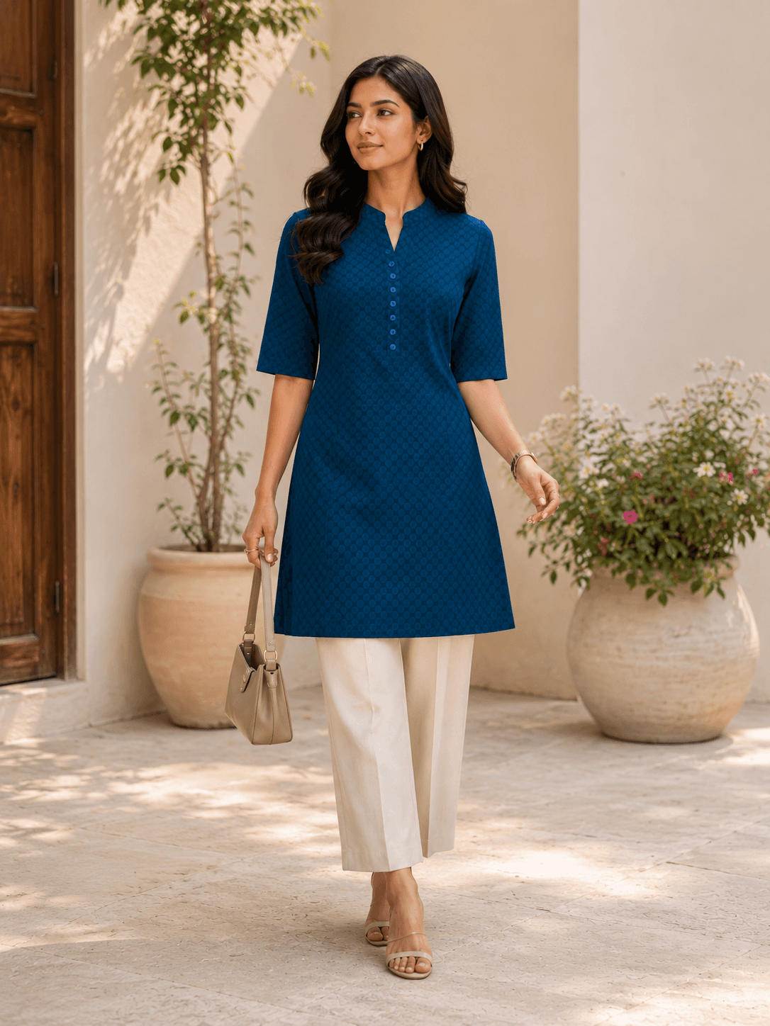 Teal Blue Textured Chikankari Short Kurti — photo 2 of 4