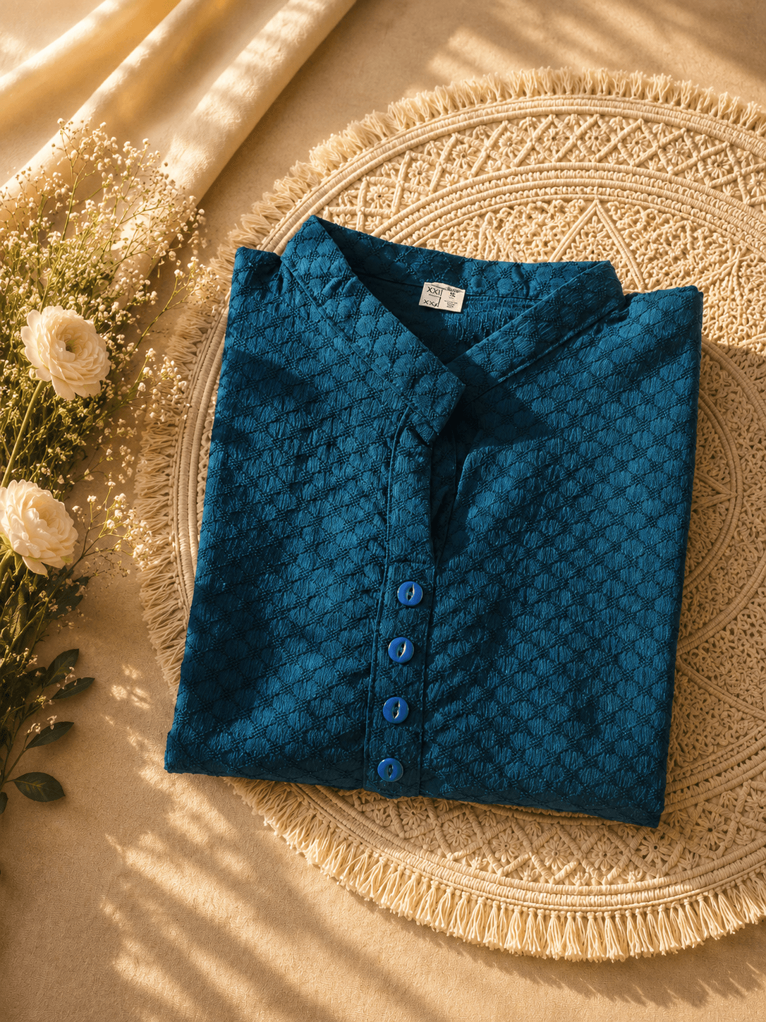 Teal Blue Textured Chikankari Short Kurti — photo 4 of 4