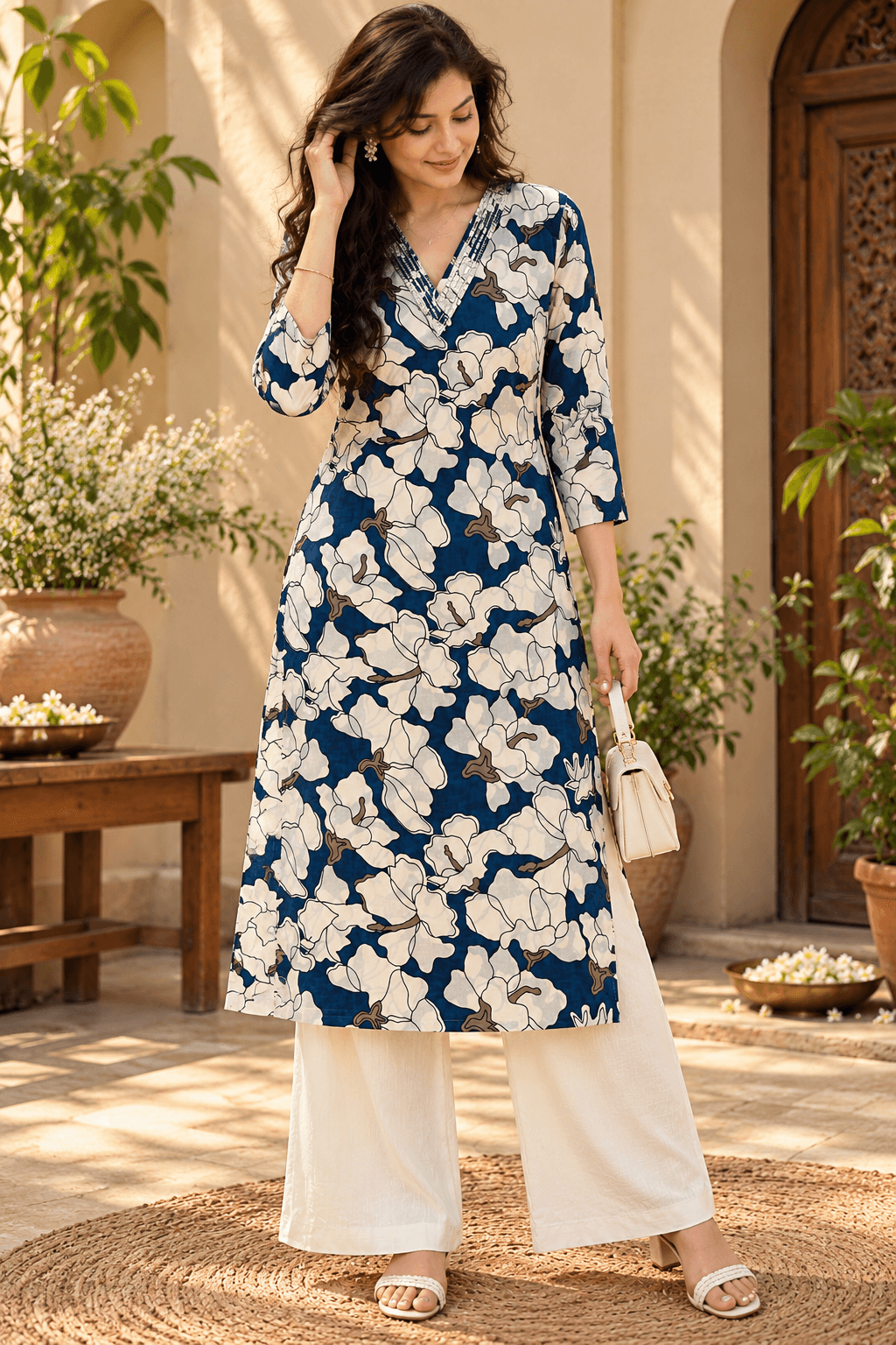 Navy Blue Floral Print Kurti with Sequined V-Neck — photo 4 of 4