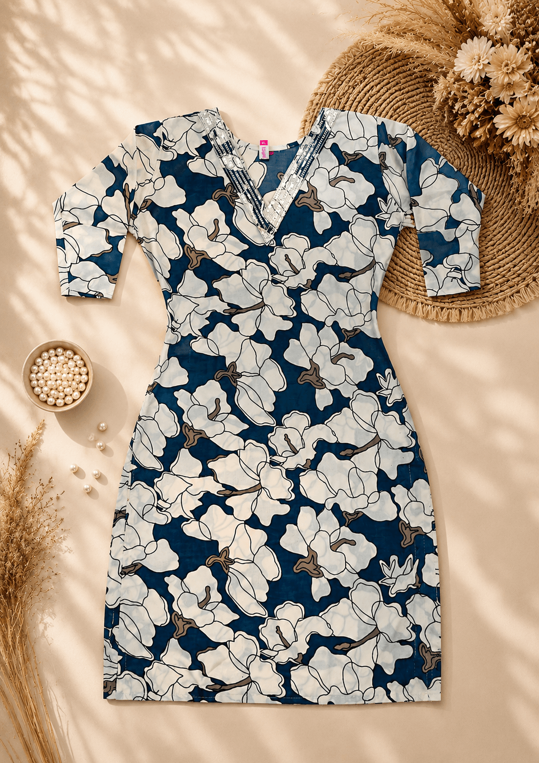 Navy Blue Floral Print Kurti with Sequined V-Neck — photo 3 of 4