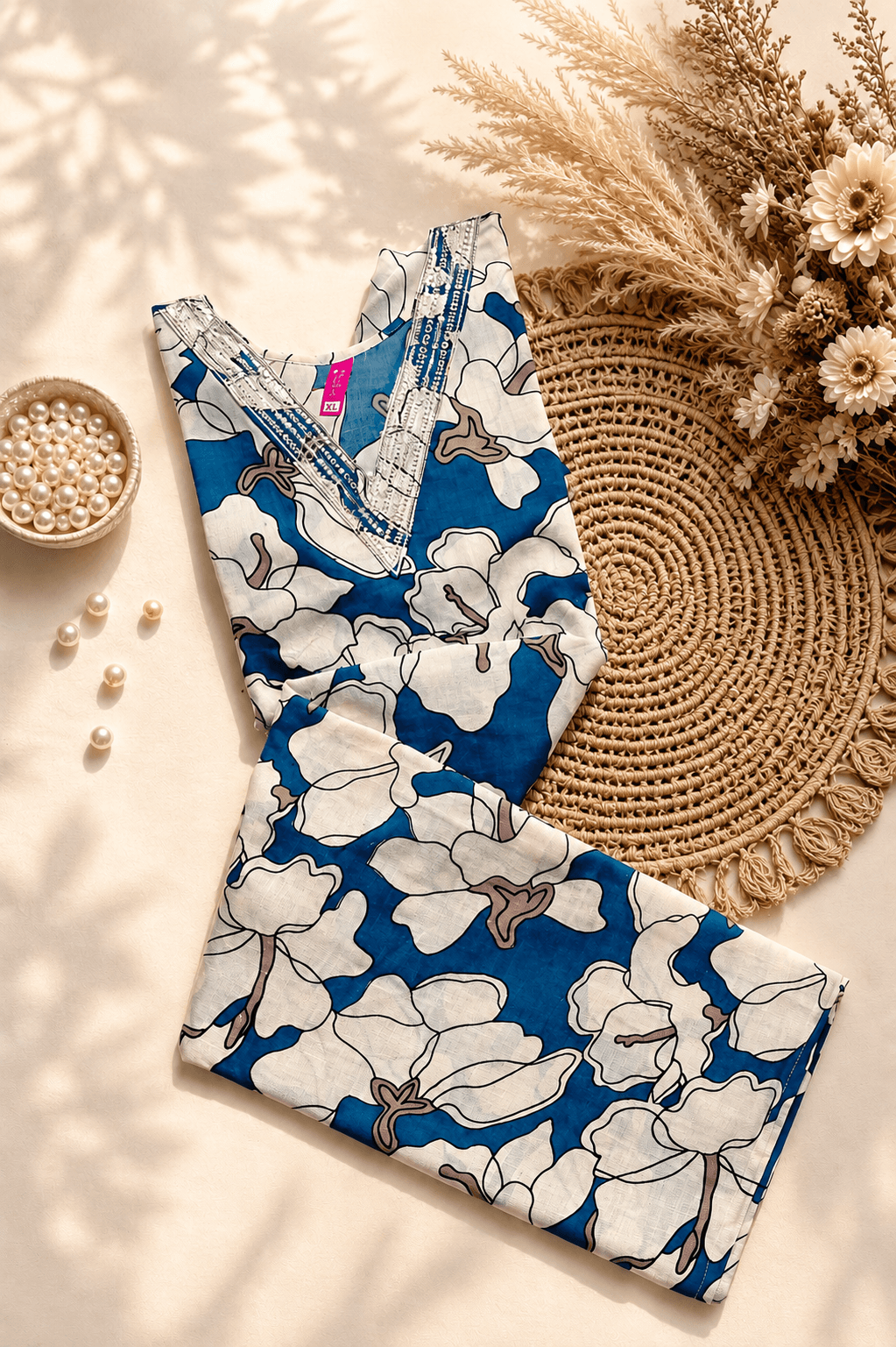 Navy Blue Floral Print Kurti with Sequined V-Neck
