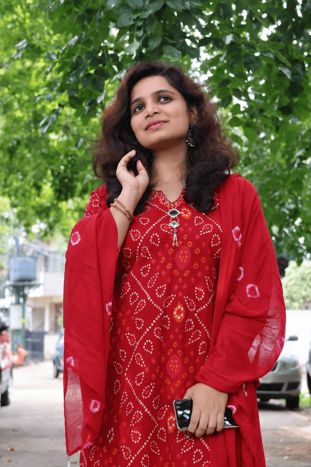 Coral Red Bandhani Print 3-Piece Mul Mul Cotton Set