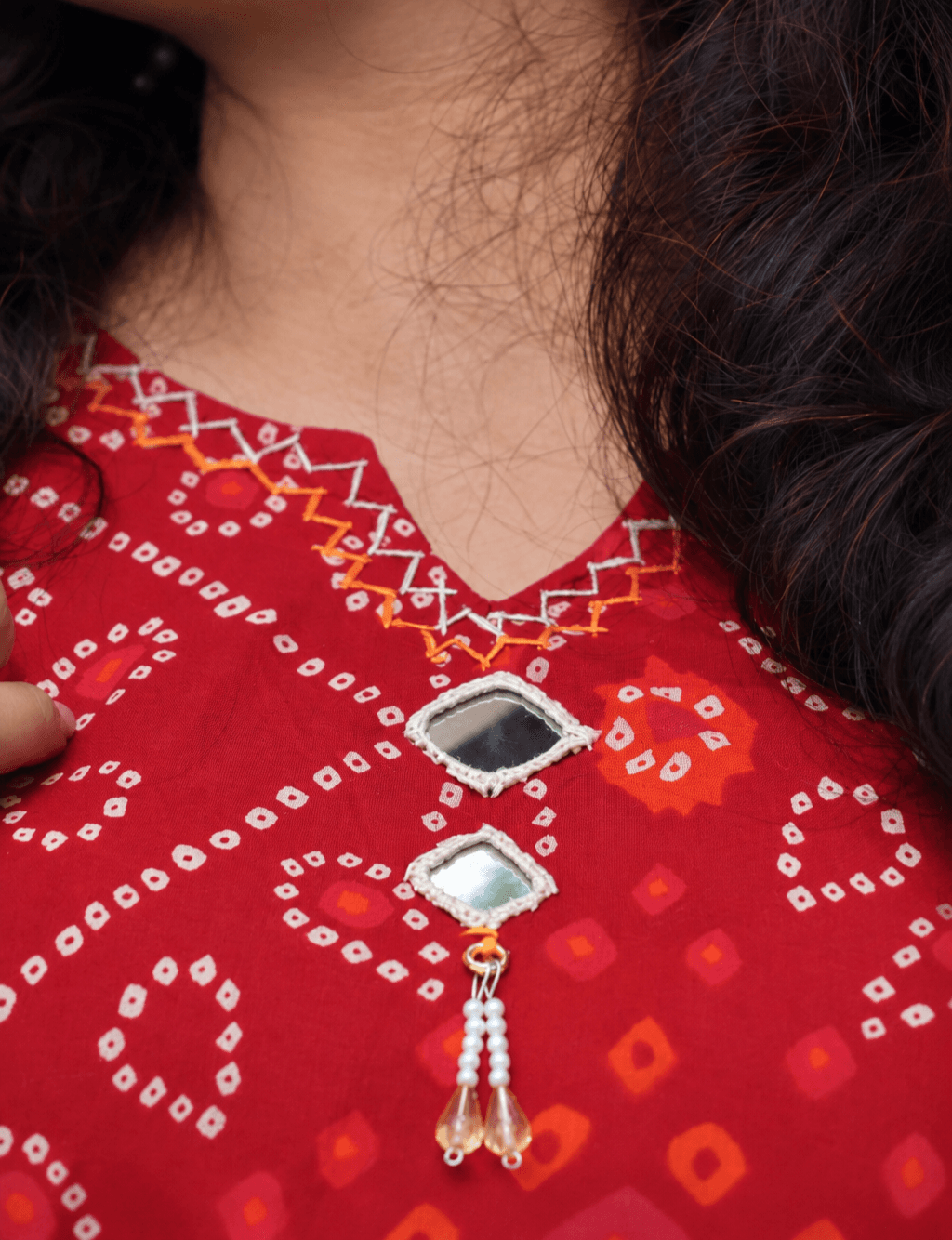 Coral Red Bandhani Print 3-Piece Mul Mul Cotton Set — photo 3 of 5