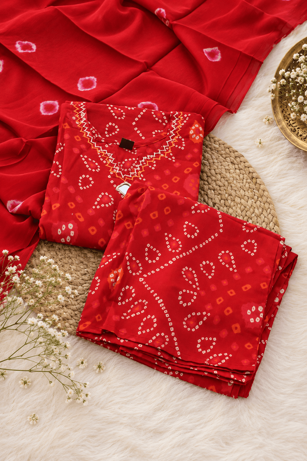 Coral Red Bandhani Print 3-Piece Mul Mul Cotton Set — photo 5 of 5