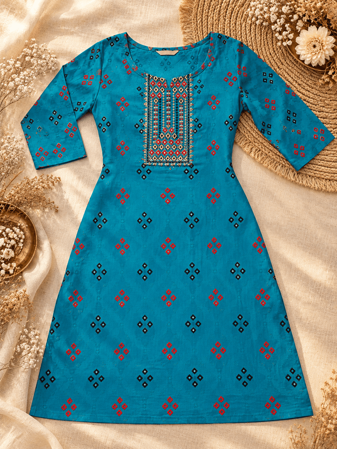 Aavasa Teal Blue Printed Cotton Blend Kurti — photo 3 of 3
